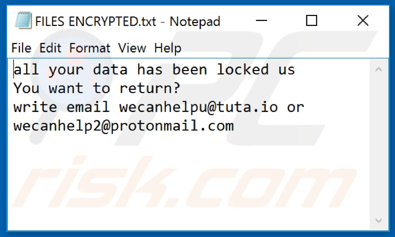 Ficheiro de texto do ransomware WCH (FILES ENCRYPTED.txt)