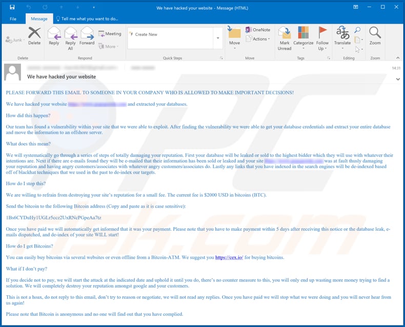 outra variante da fraude por email we have hacked your website