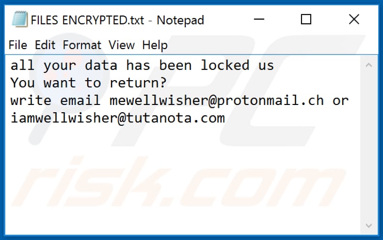 Ficheiro de texto do ransomware WELL (FILES ENCRYPTED.txt)