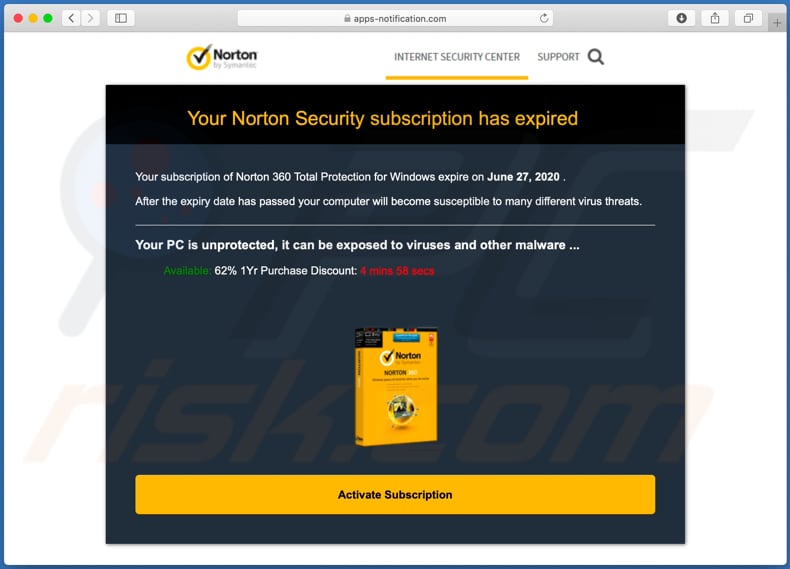 apps-notification.com a oferecer para instalar norton antivirus
