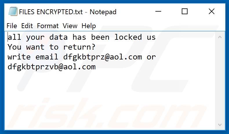 Ficheiro de texto ransomware Bmtf (FILES ENCRYPTED.txt)