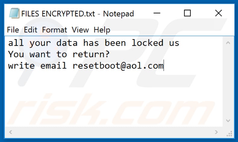Ficheiro de texto de ransomware .BOOT (FILES ENCRYPTED.txt)