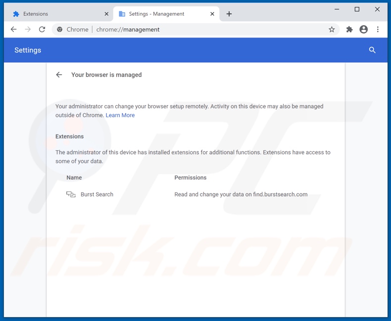 Sequestrador de navegador Burst Search a gerir o Chrome