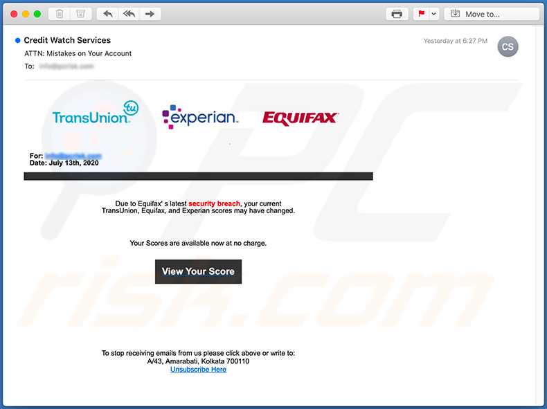 E-mail de spam com o tema Equifax usado para promover sites de phishing