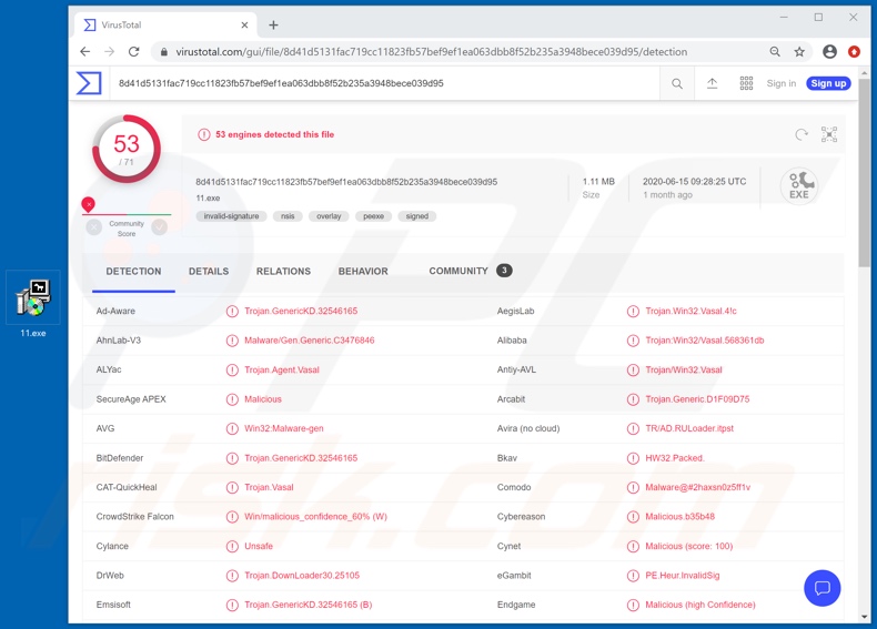 Detecções de malware DarkCrystal no VirusTotal