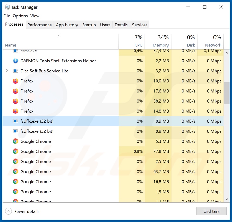 Processo de trojan de acesso remoto DarkCrystal no Gestor de Tarefas (nomes de processos aleatórios)