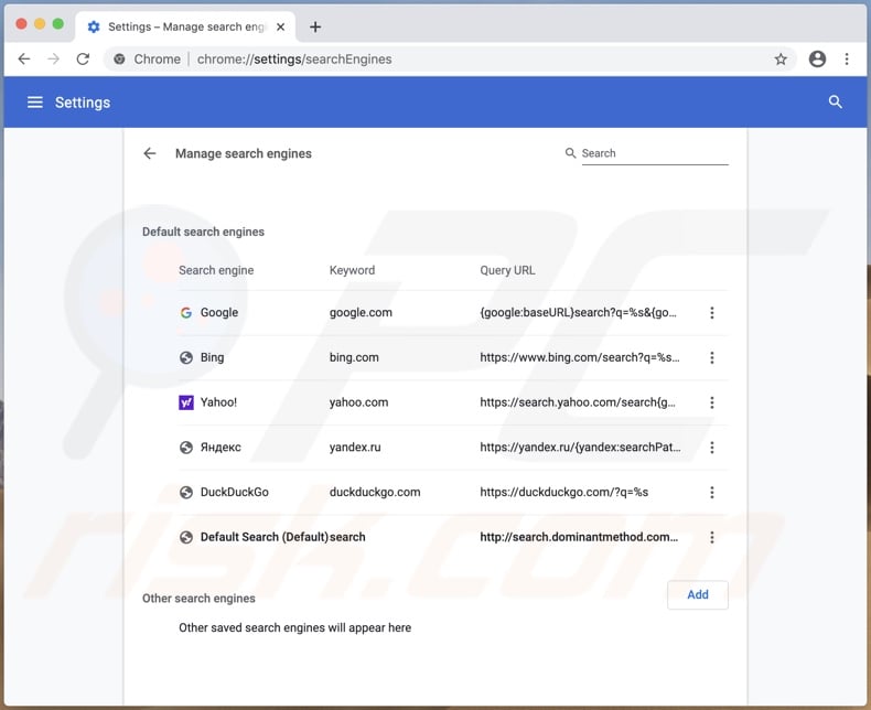 O adware DivisionFormat altera o mecanismo de pesquisa padrão do Chrome para search.dominantmethod.com