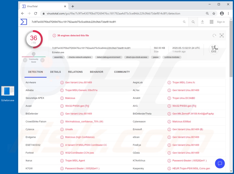 detecções do malware Echelon no VirusTotal