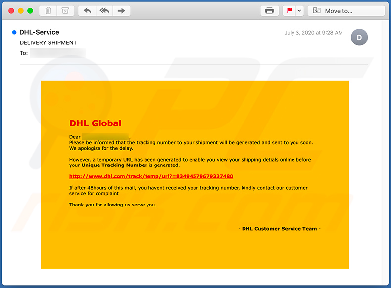 E-mail de phishing com tema DHL (2013-07-13)