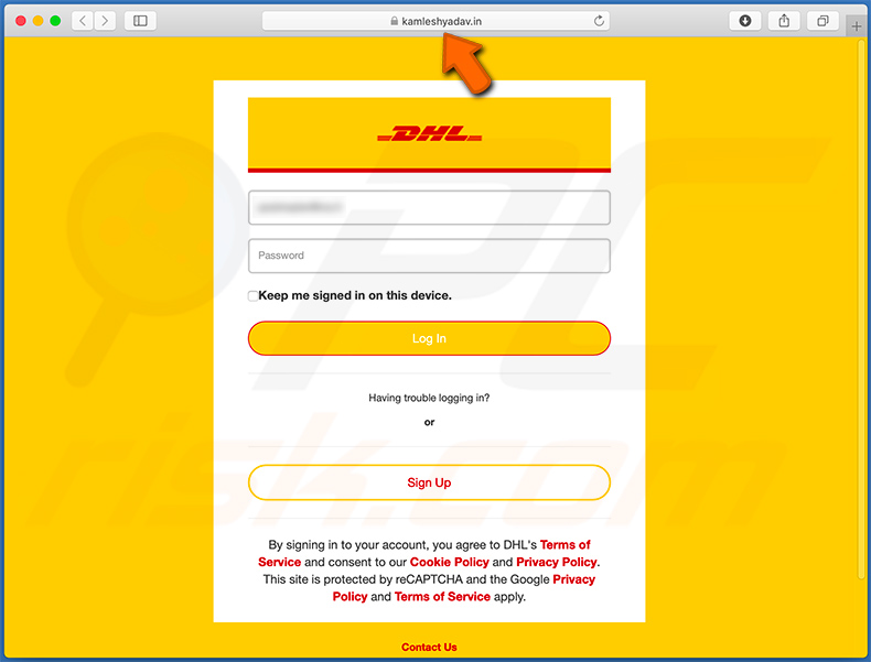 kamleshyadav.in - um site de login DHL falso usado para fins de phishing