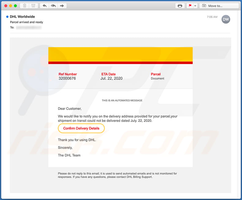 E-mail de spam com o tema DHL a promover um site de phishing (2020-07-24)
