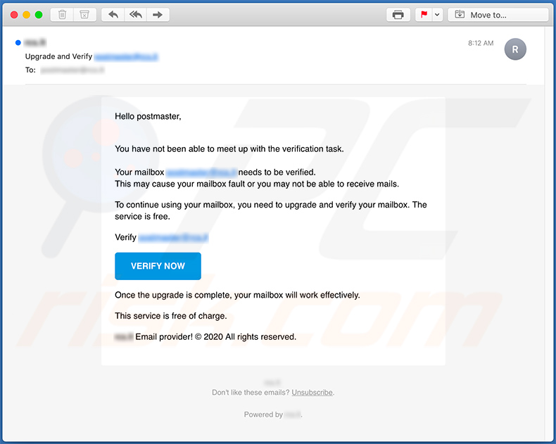 E-mail de spam a promover o site de phishing general.farhat.ca