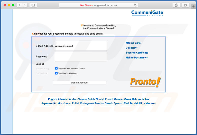 site de phishing promovido via email de spam General.farhat.ca