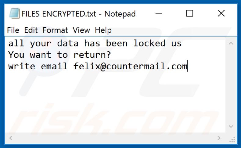 Ficheiro de texto do ransomware Felix (FILES ENCRYPTED.txt)