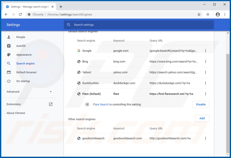 Removendo o flaresearch.net do mecanismo de pesquisa padrão do Google Chrome