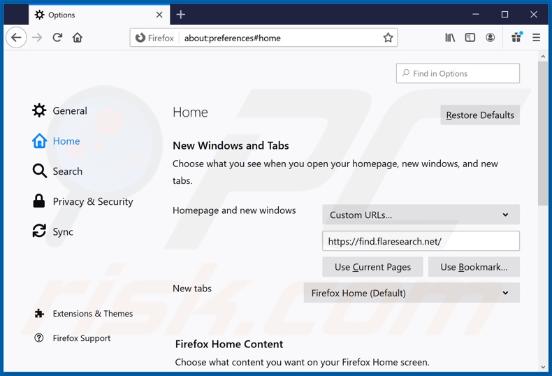 Removendo o flaresearch.net da página inicial do Mozilla Firefox