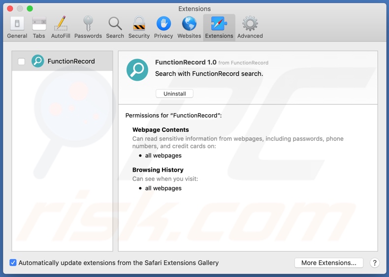 Adware FunctionRecord instalado no Safari