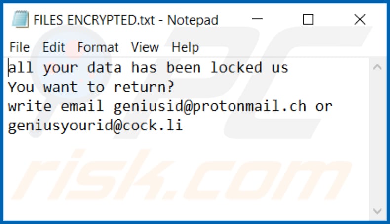 Ficheiro de texto de ransomware GNS (FILES ENCRYPTED.txt)