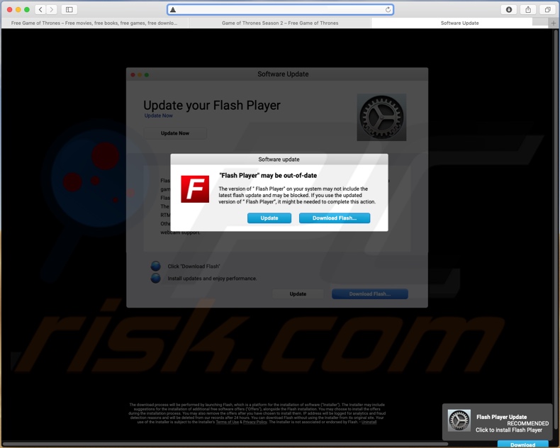 Exemplo de um site fraudulento que promove o instalador falso do Flash Player