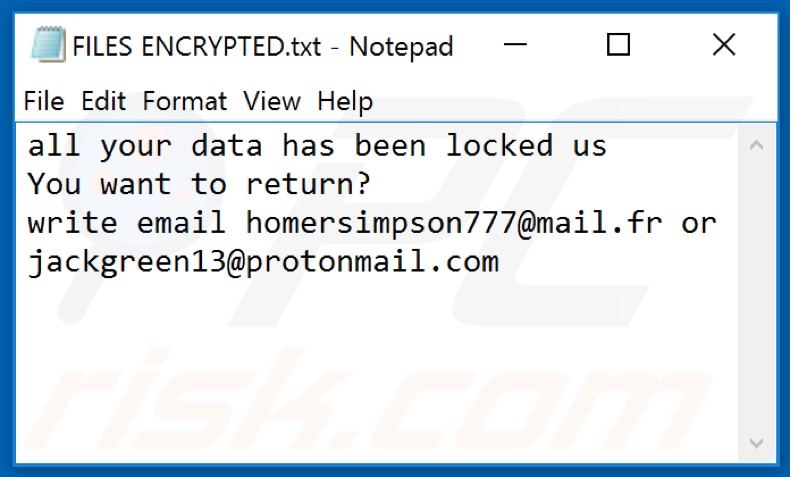 Ficheiro de texto do ransomware Homer (FILES ENCRYPTED.txt)