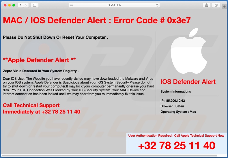 Página de plano de fundo da fraude do IOS/MAC Defender Alert