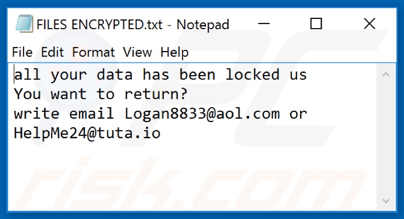 Ficheiro de texto do ransomware LOG (FILES ENCRYPTED.txt)