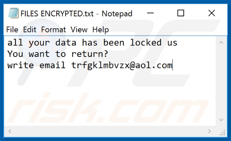 Ficheiro de texto do ransomware Mnbzr (FILES ENCRYPTED.txt)