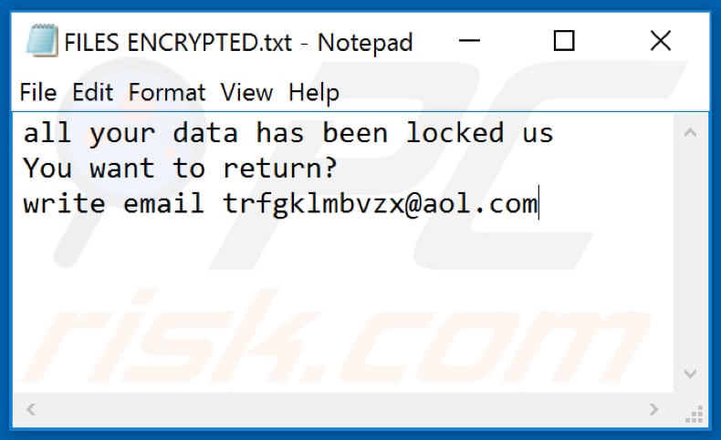 Ficheiro de texto do ransomware Mnbzr (FILES ENCRYPTED.txt)