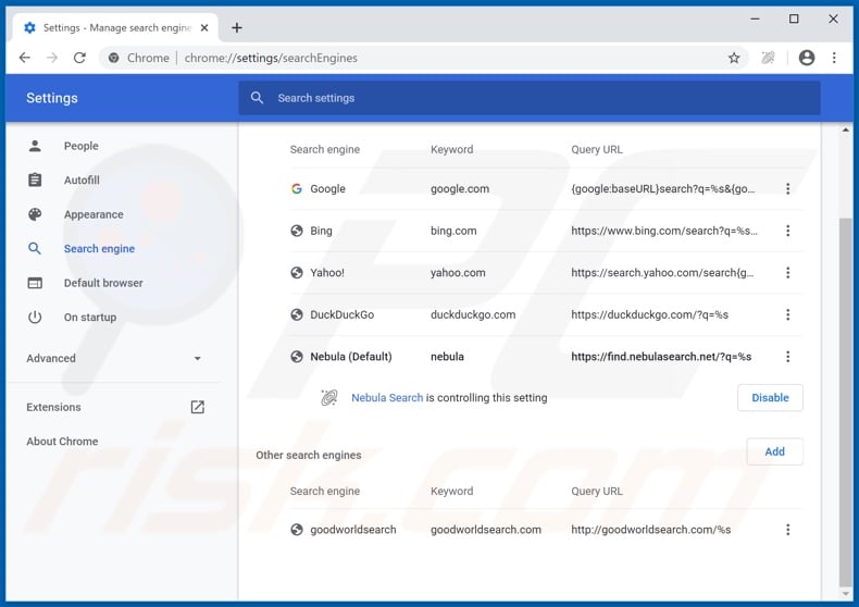 Removendo nebulasearch.net do mecanismo de pesquisa padrão do Google Chrome