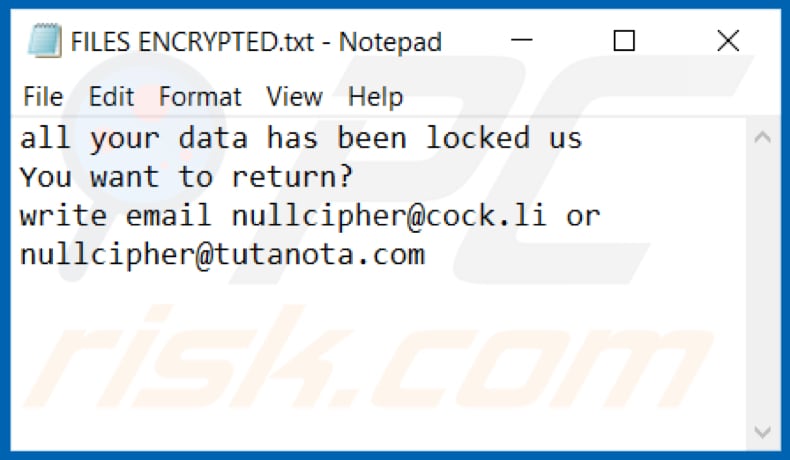 Ficheiro de texto do ransomware Null (FILES ENCRYPTED.txt)
