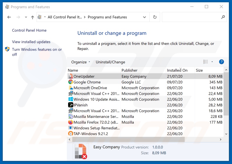 Desinstalação do adware OneUpdater através do painel de controlo