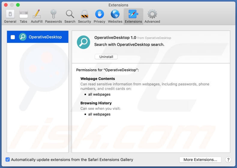 Adware OperativeDesktop instalado no navegador Safari