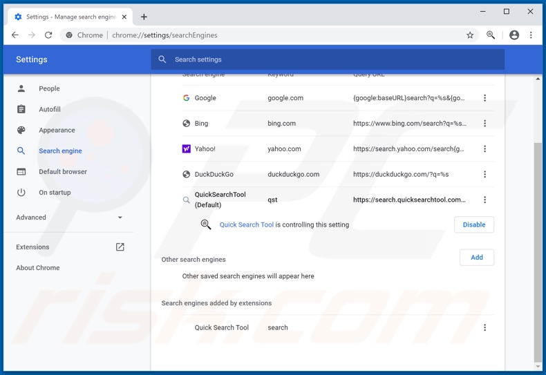 Removendo quicksearchtool.com do mecanismo de pesquisa padrão do Google Chrome