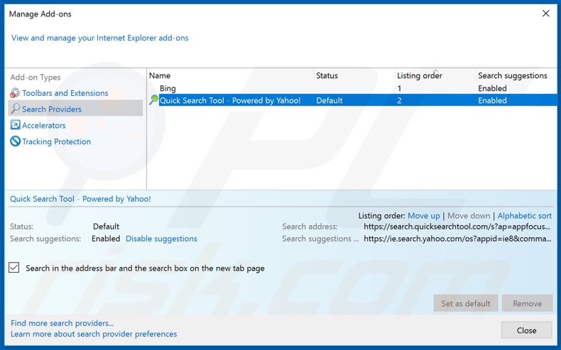 Removendo quicksearchtool.com do mecanismo de pesquisa padrão do Internet Explorer