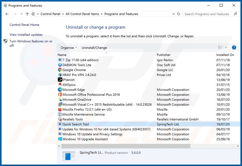 desinstalação do sequestrador de navegador quicksearchtool.com através do painel de controlo