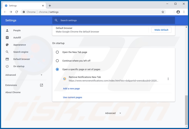 Removendo removenotifications.com da página inicial do Google Chrome