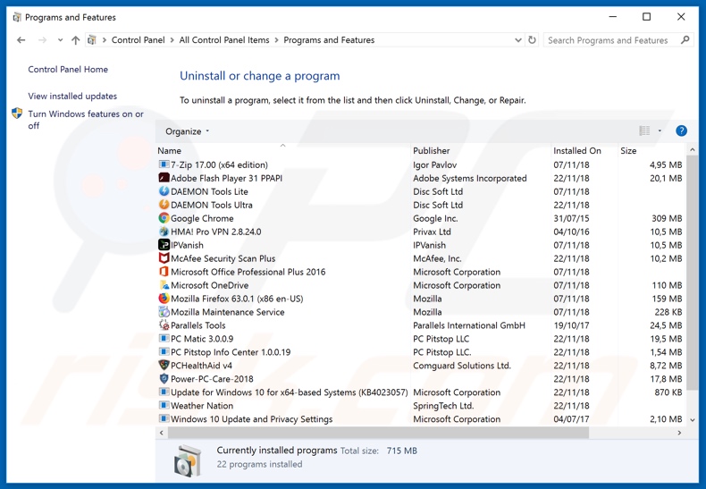 Desinstalador do sequestrador de navegador removenotifications.com via Painel de Controlo