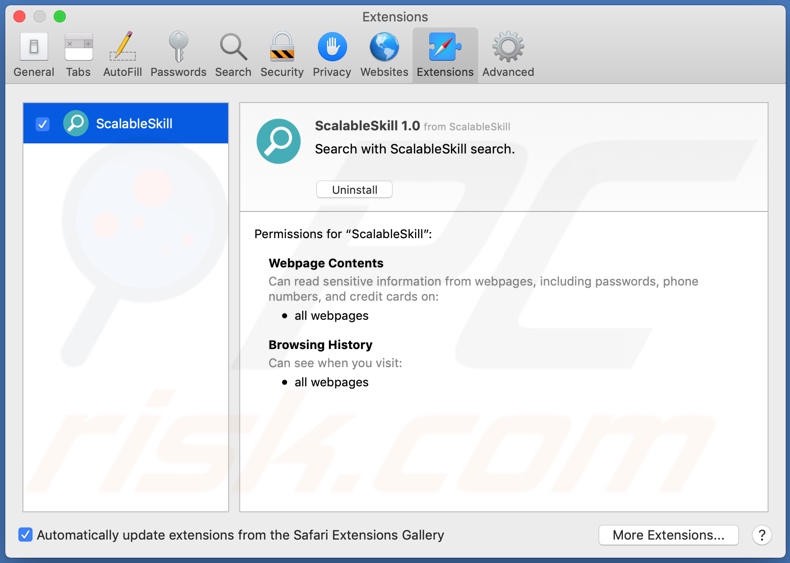 Adware ScalableSkill instalado no navegador Safari