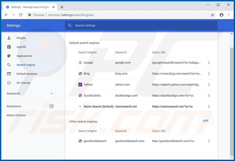 Removendo stormsearch.net do mecanismo de pesquisa padrão do Google Chrome