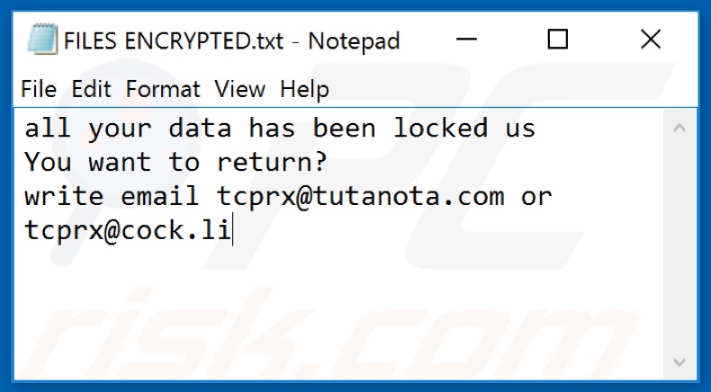 Ficheiro de texto do ransomware tcprx (FILES ENCRYPTED.txt)
