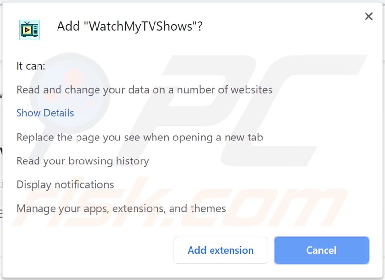 notificação da barra de ferramentas watchmytvshows chrome