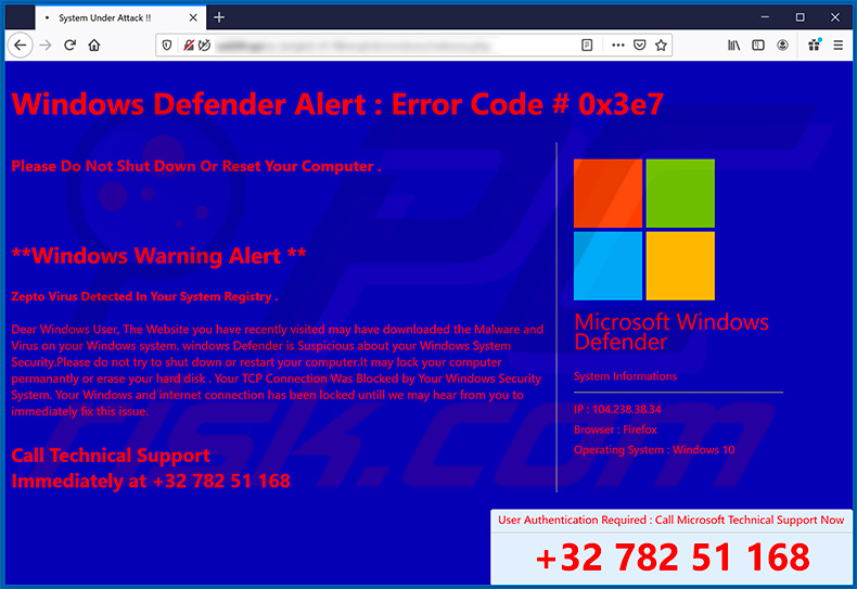 Fraude pop-up Windows Defender Alert (0x3e7) (10-07-20 2020)