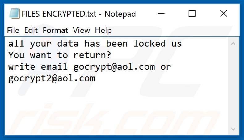 Ficheiro de texto do ransomware 1dec (FILES ENCRYPTED.txt)