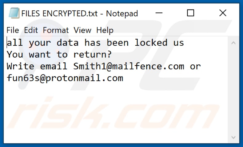 Ficheiro de texto ransomware Aim (FILES ENCRYPTED.txt)