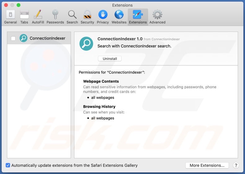 Adware ConnectionIndexer instalado no Safari