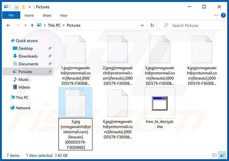 Ficheiros encriptados do ransomware CryLock (extensão [omegawatch@protonmail.com[ferauto].[victim_ID])