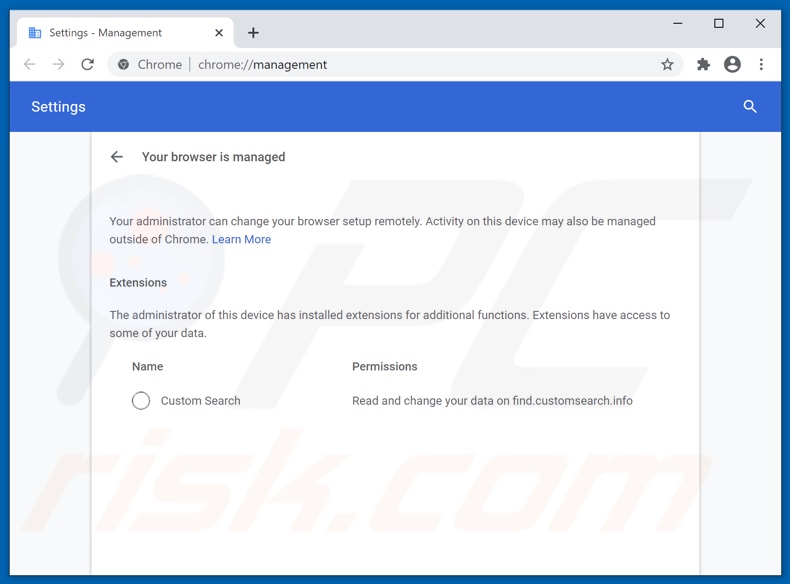 Recurso Managed by Your Organization relacionado ao Chrome pelo sequestrador de navegador da customearch