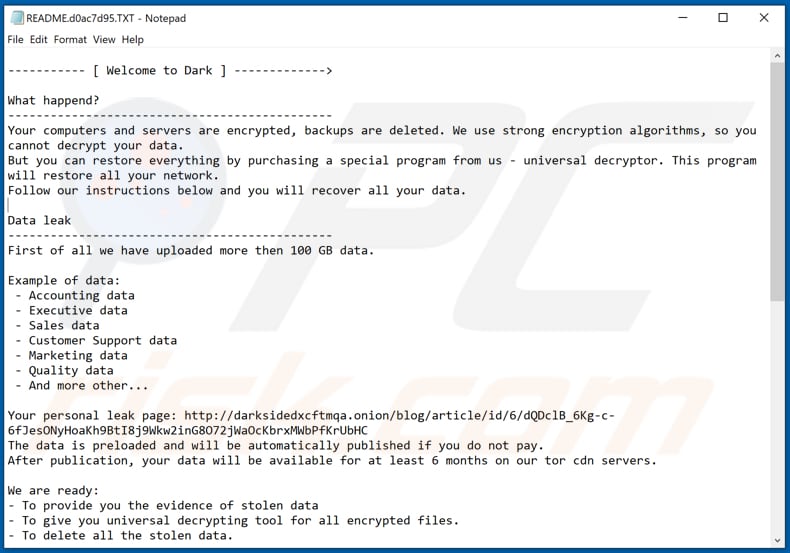 Instruções de desencriptação DarkSide (README.[victim's_ID].TXT)