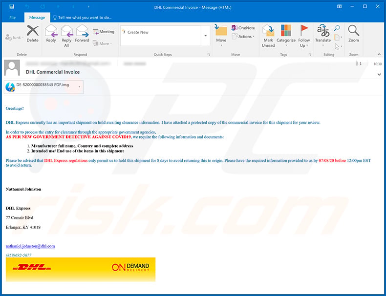 Email de spam com o tema DHL Express utilizado para distribuir AgentTesla