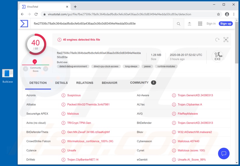 Detecções do malware E-Clipper no VirusTotal